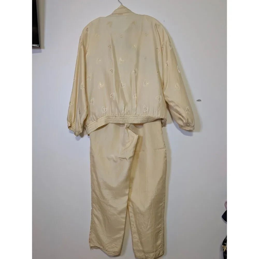 Vintage 90s Silk Butterfly Tracksuit Set Champagne Boho Luxe Size L Pale Yellow - Picture 3 of 15